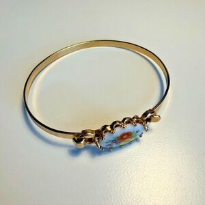 Avon Gold Tone French Flower Ceramic Bangle Bracelet Women's 6.25 Inch